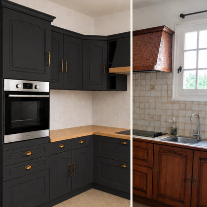 Avant / Après cuisine campagne chic relookée avec la peinture cuisine couleur Réglisse Éléonore Déco.