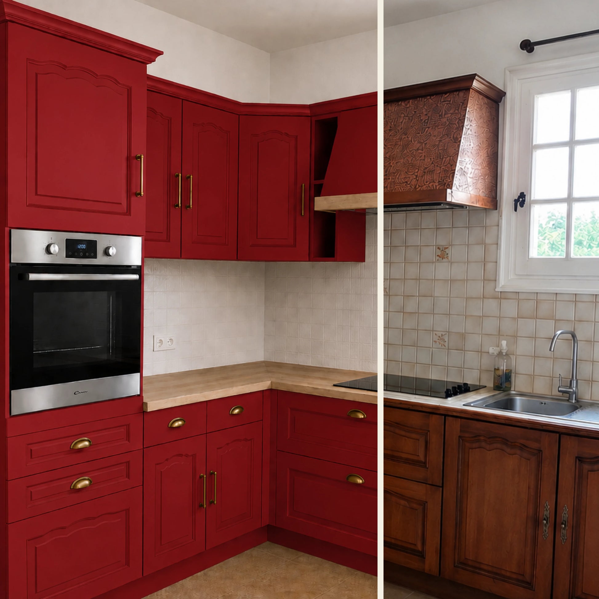 Avant / Après cuisine campagne chic relookée avec la peinture cuisine couleur Rouge passion Éléonore Déco.