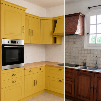 Avant / Après cuisine campagne chic relookée avec la peinture cuisine couleur Safran Éléonore Déco.