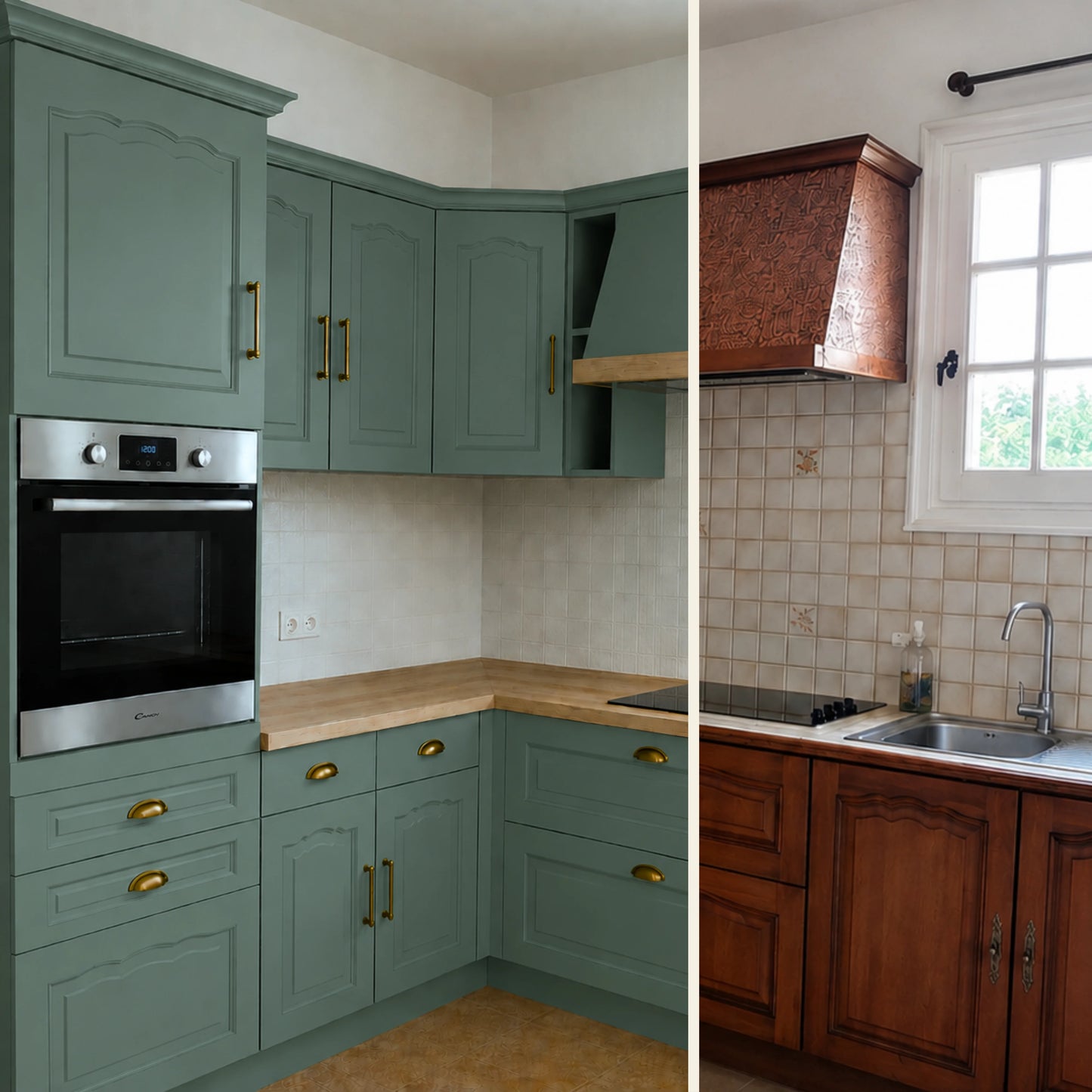 Avant / Après cuisine campagne chic relookée avec la peinture cuisine couleur Sauge Éléonore Déco.