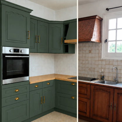 Avant / Après cuisine campagne chic relookée avec la peinture cuisine couleur Séquoia Éléonore Déco.
