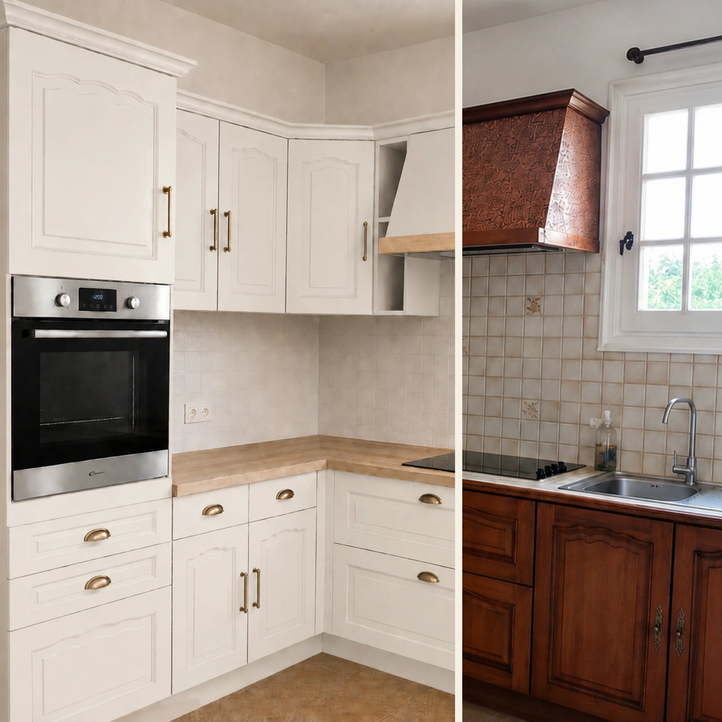 Avant / Après cuisine campagne chic relookée avec la peinture cuisine couleur Soie sauvage Éléonore Déco.