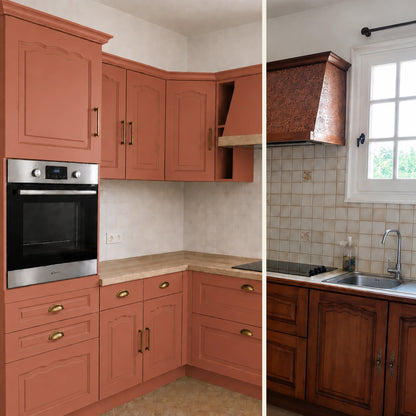 Avant / Après cuisine campagne chic relookée avec la peinture cuisine couleur Terracotta Éléonore Déco.