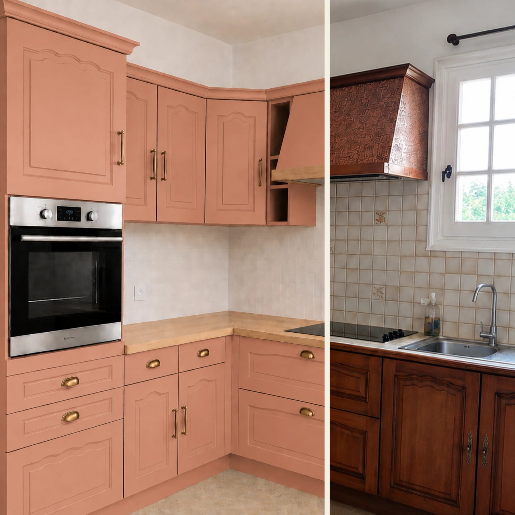 Avant / Après cuisine campagne chic relookée avec la peinture cuisine couleur Terre de mars Éléonore Déco.