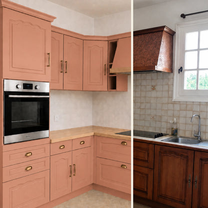 Avant / Après cuisine campagne chic relookée avec la peinture cuisine couleur Terre de mars Éléonore Déco.