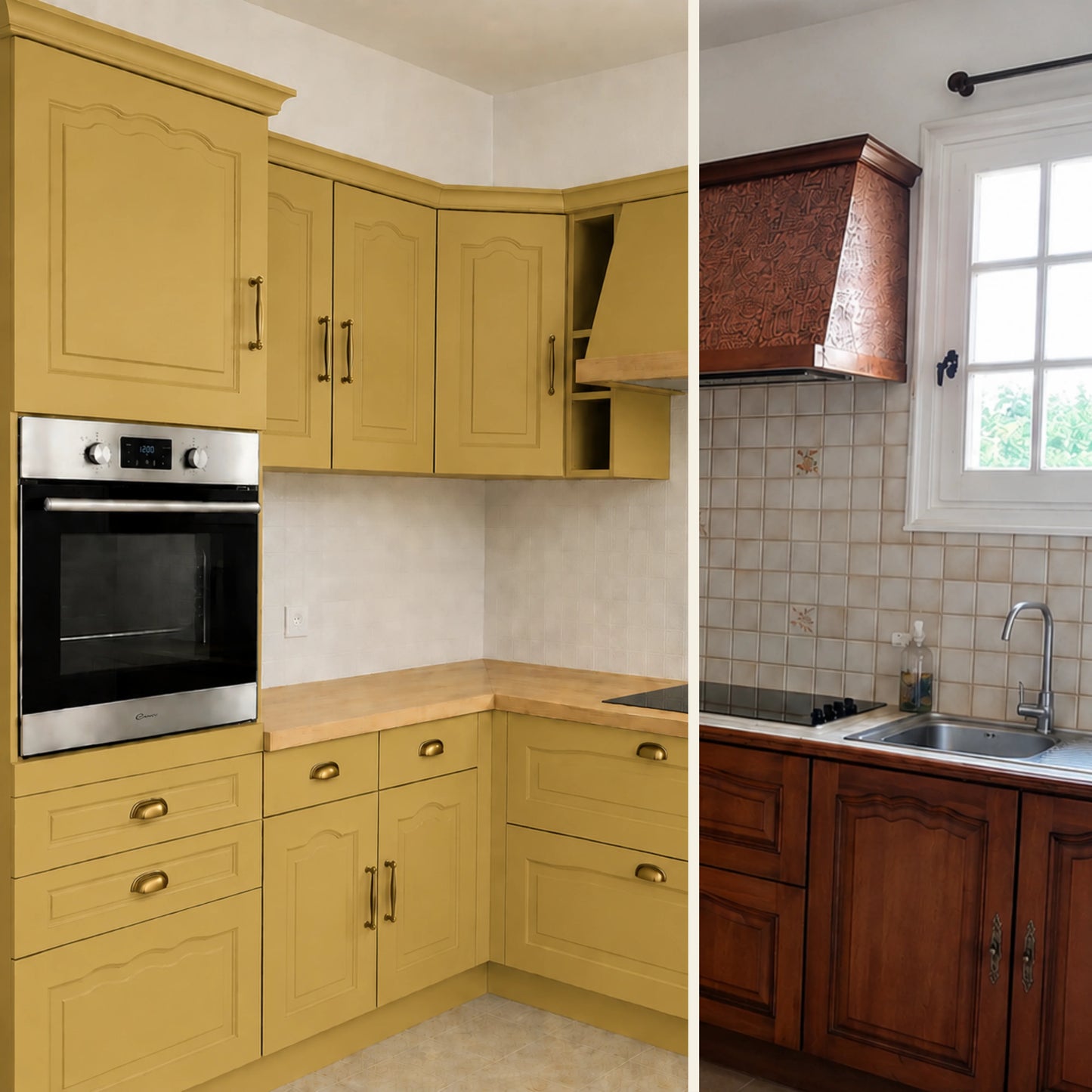 Avant / Après cuisine campagne chic relookée avec la peinture cuisine couleur Toscane Éléonore Déco.