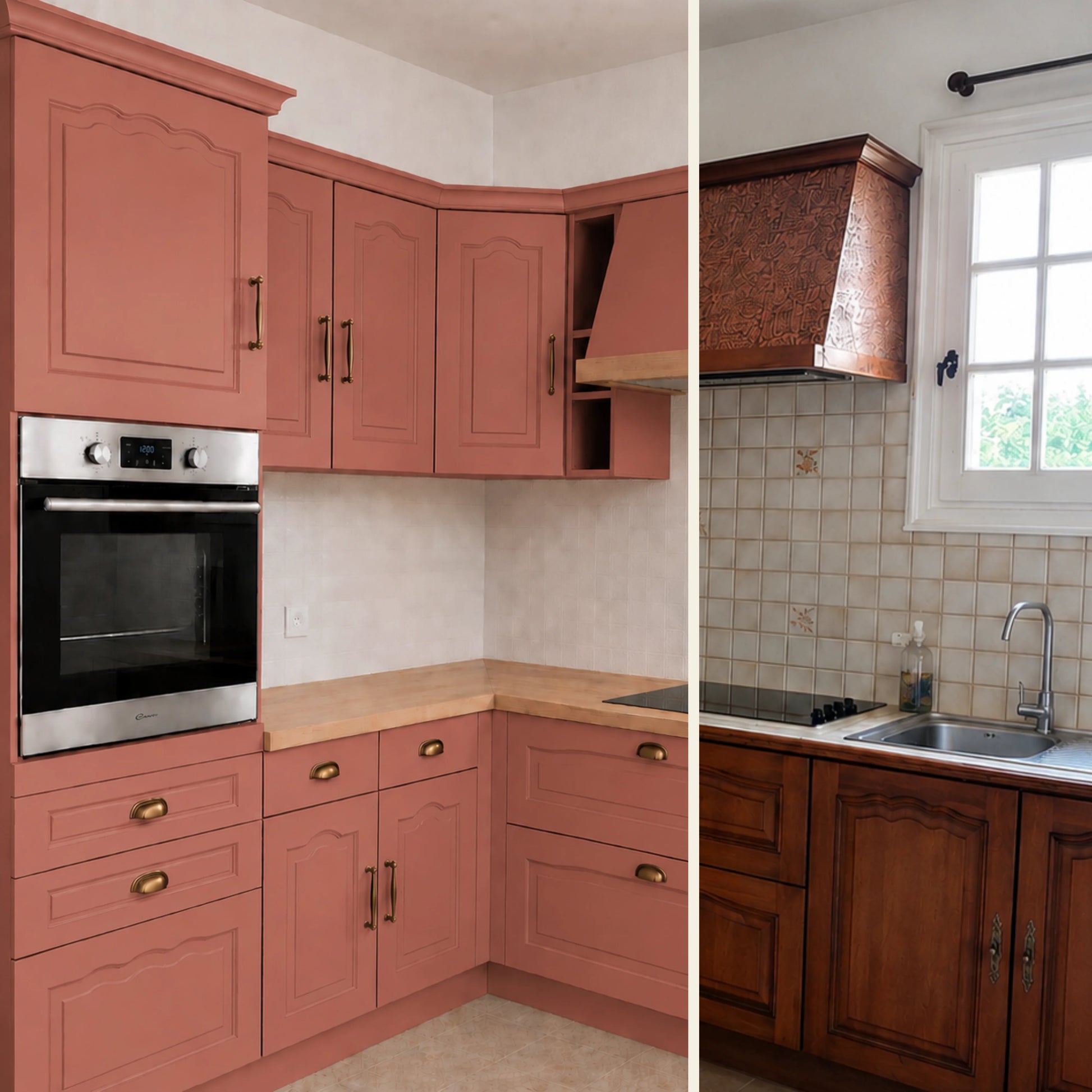 Avant / Après cuisine campagne chic relookée avec la peinture cuisine couleur Tuile croquante Éléonore Déco.