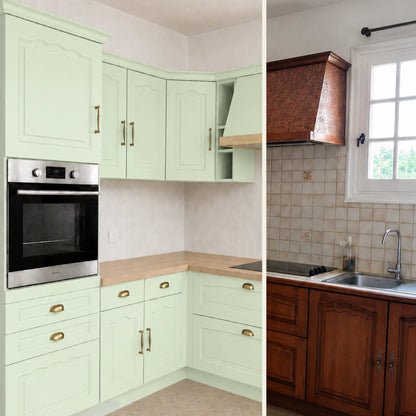 Avant / Après cuisine campagne chic relookée avec la peinture cuisine couleur Vert d'eau Éléonore Déco.