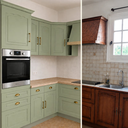 Avant / Après cuisine campagne chic relookée avec la peinture cuisine couleur Vert de gris Éléonore Déco.