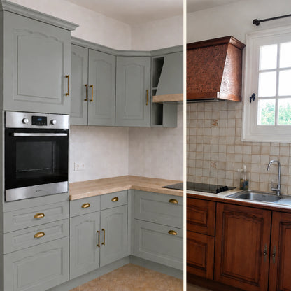 Avant / Après cuisine campagne chic relookée avec la peinture cuisine couleur Vert gommier Éléonore Déco.