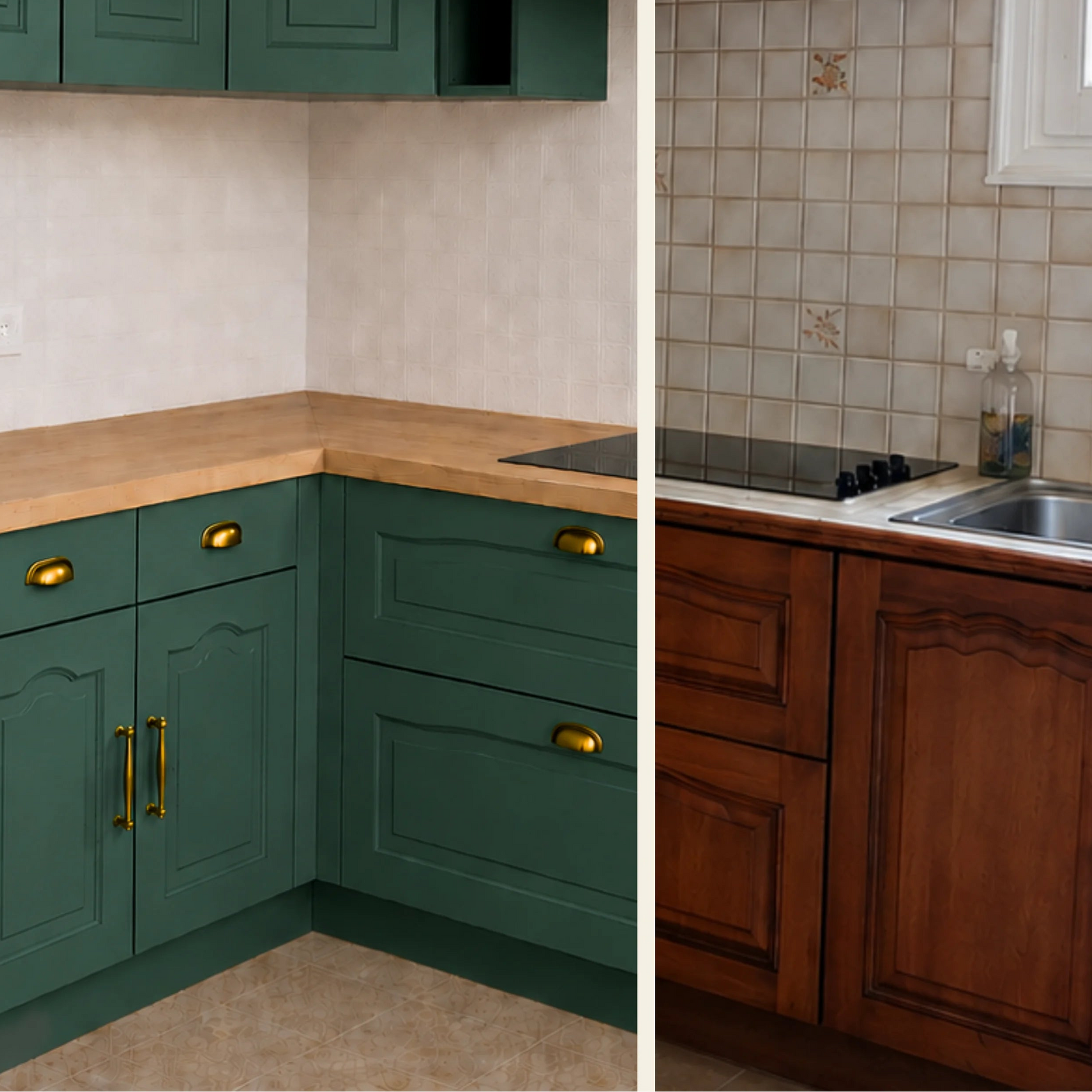 Avant / Après cuisine campagne chic relookée avec la peinture cuisine couleur Vertigo Éléonore Déco.