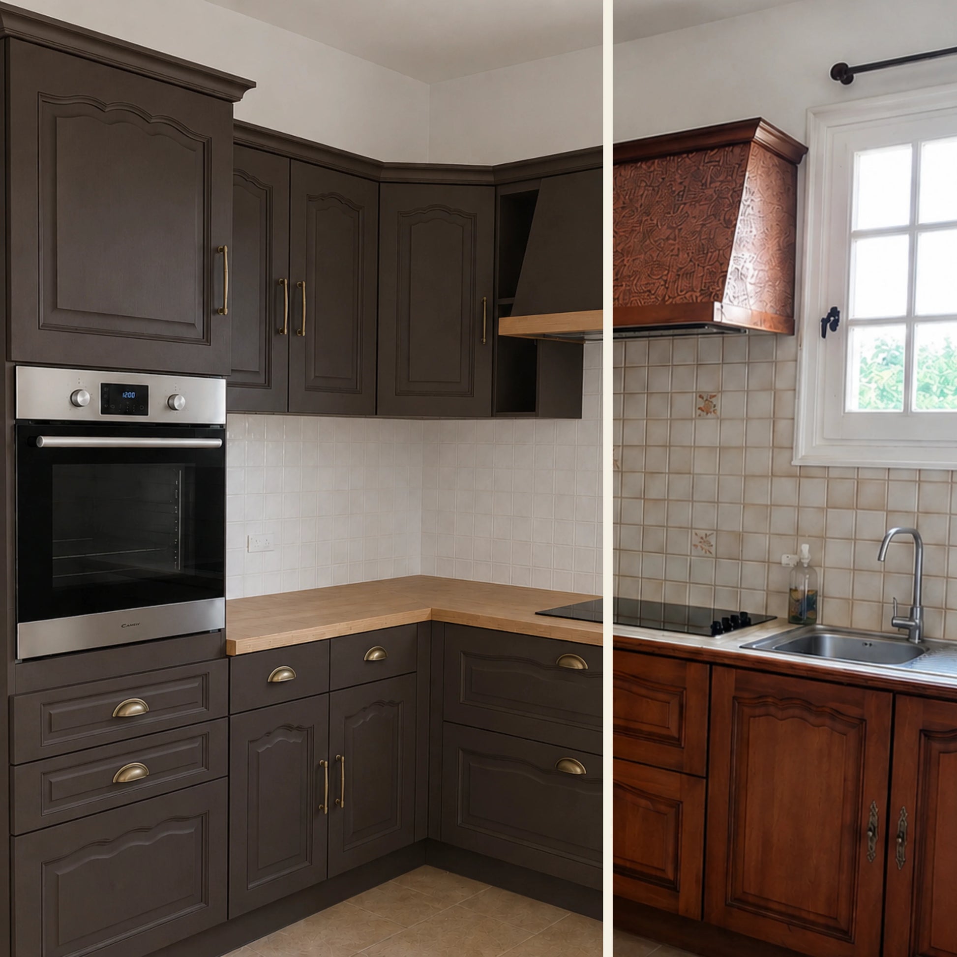 Avant / Après cuisine campagne chic relookée avec la peinture cuisine couleur Wengé Éléonore Déco.