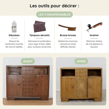 Outils pour décirer un meuble avec Eleoclean.