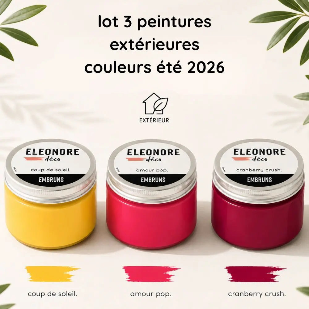 Composition du lot 2 3 pots de peinture extérieure 150 ML couleurs été 2026 : Coup de soleil, Amour pop, Cranberry crush