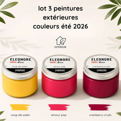 Composition du lot 2 3 pots de peinture extérieure 150 ML couleurs été 2026 : Coup de soleil, Amour pop, Cranberry crush