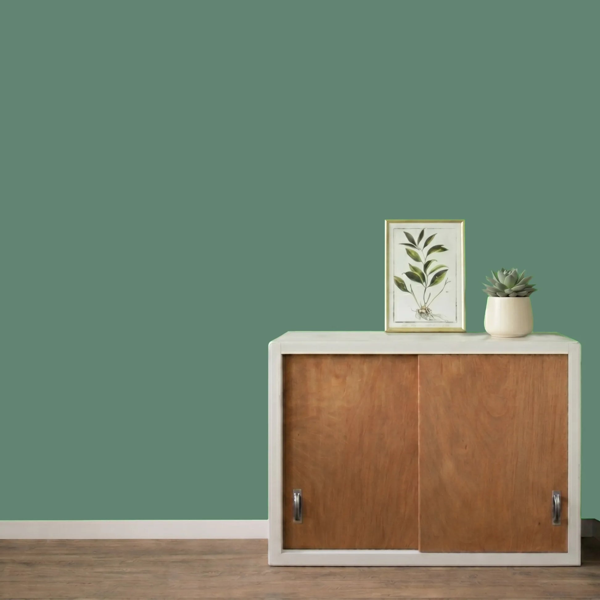 Mur repeint avec la couleur Fougères, peinture murale Éléonore Déco.
