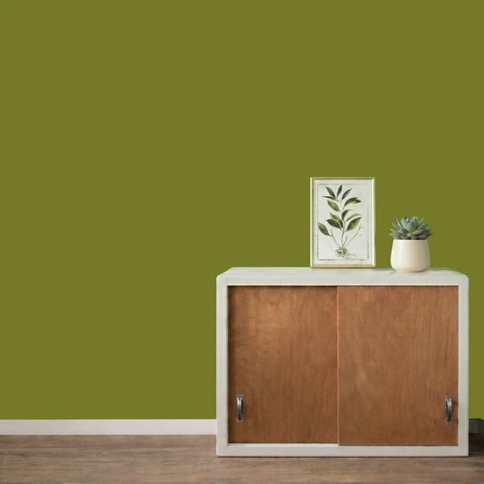 Mur repeint avec la couleur Matcha latte, peinture murale Éléonore Déco.