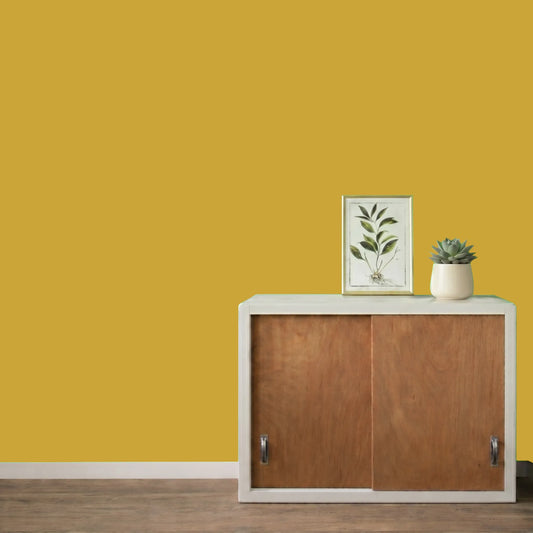 Mur repeint avec la couleur Safran, peinture murale Éléonore Déco.