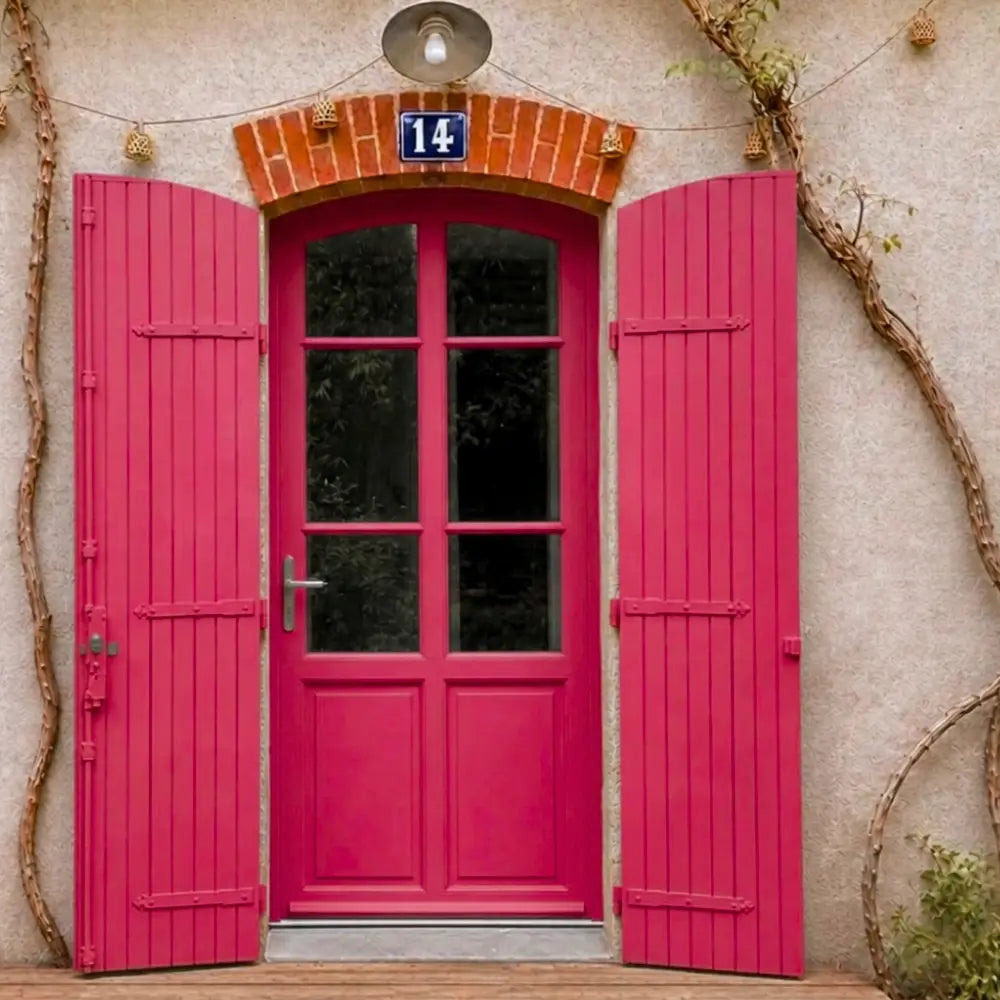 Porte et volets extérieurs en bois peints avec peinture extérieure Eléonore Déco teinte Amour pop.