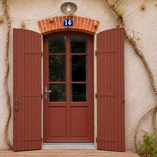 Porte et volets extérieurs en bois peints avec peinture extérieur Eleonore Déco teinte antik rouge.