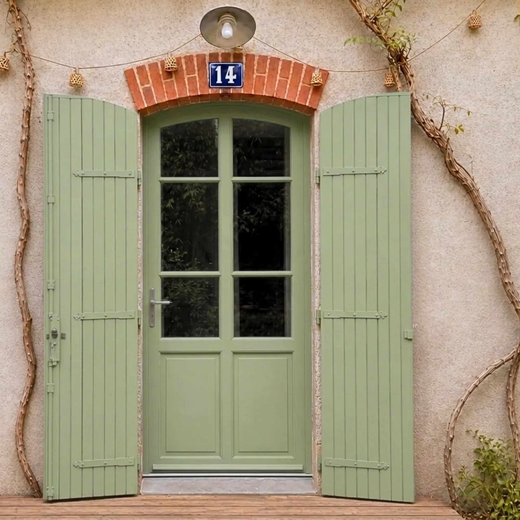 Porte et volets extérieurs en bois peints avec peinture extérieur Eleonore Déco teinte fenouil.