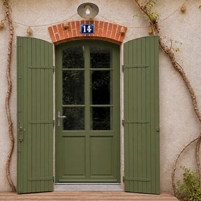 Porte et volets extérieurs en bois peints avec peinture extérieur Eleonore Déco teinte mélèze.