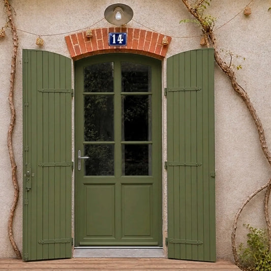 Porte et volets extérieurs en bois peints avec peinture extérieur Eleonore Déco teinte mélèze.