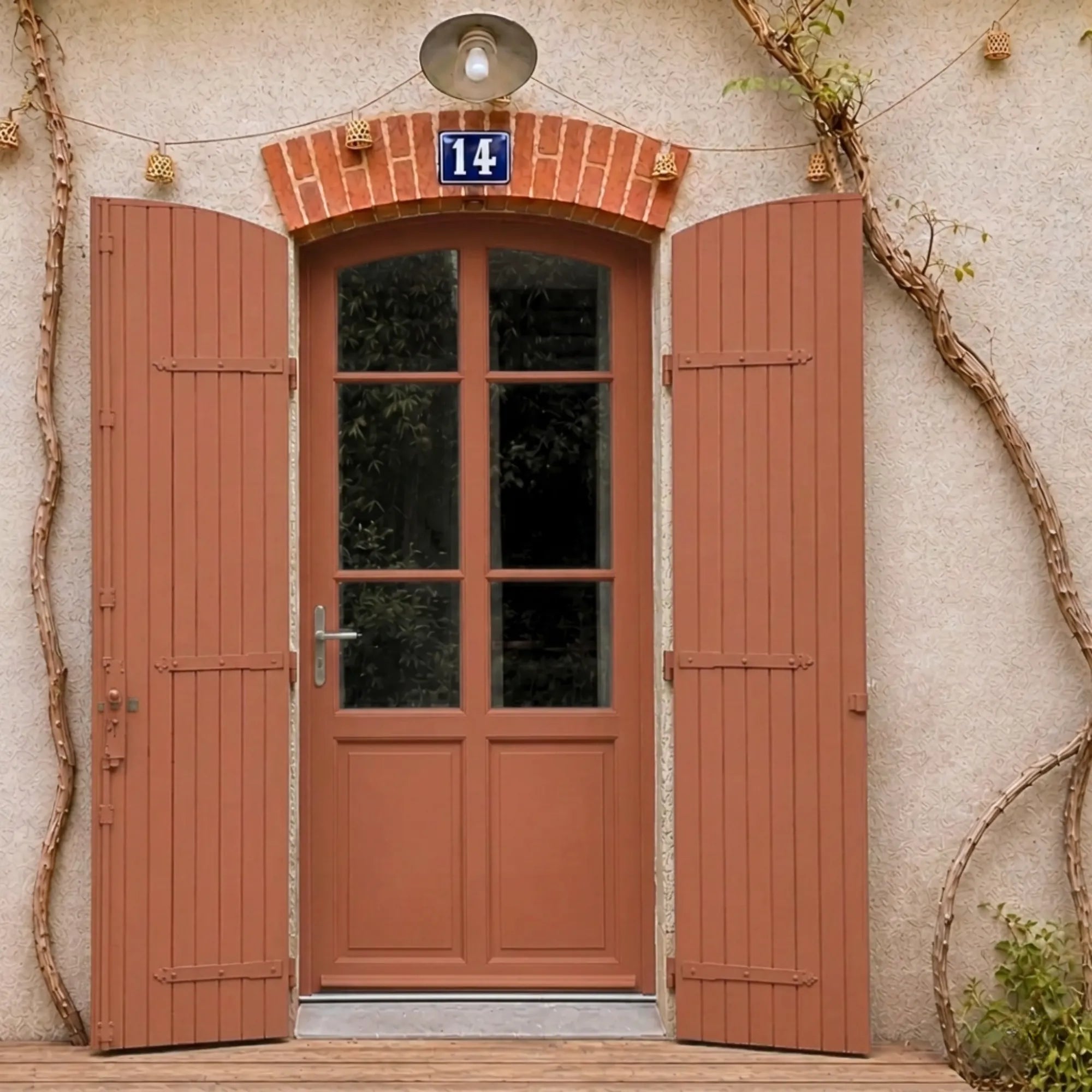 Porte et volets extérieurs en bois peints avec peinture extérieur Eleonore Déco teinte terracotta.