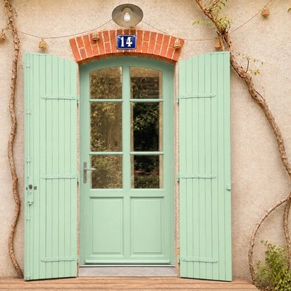 Porte et volets extérieurs en bois peints avec peinture extérieur Eleonore Déco teinte vert d'eau.