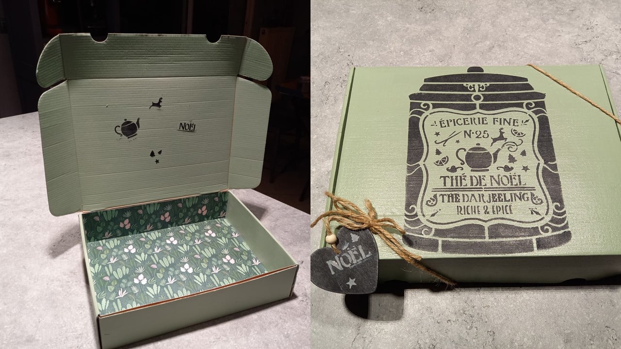 boîte en carton peinte en vert fenouil pochoir thé de noel
